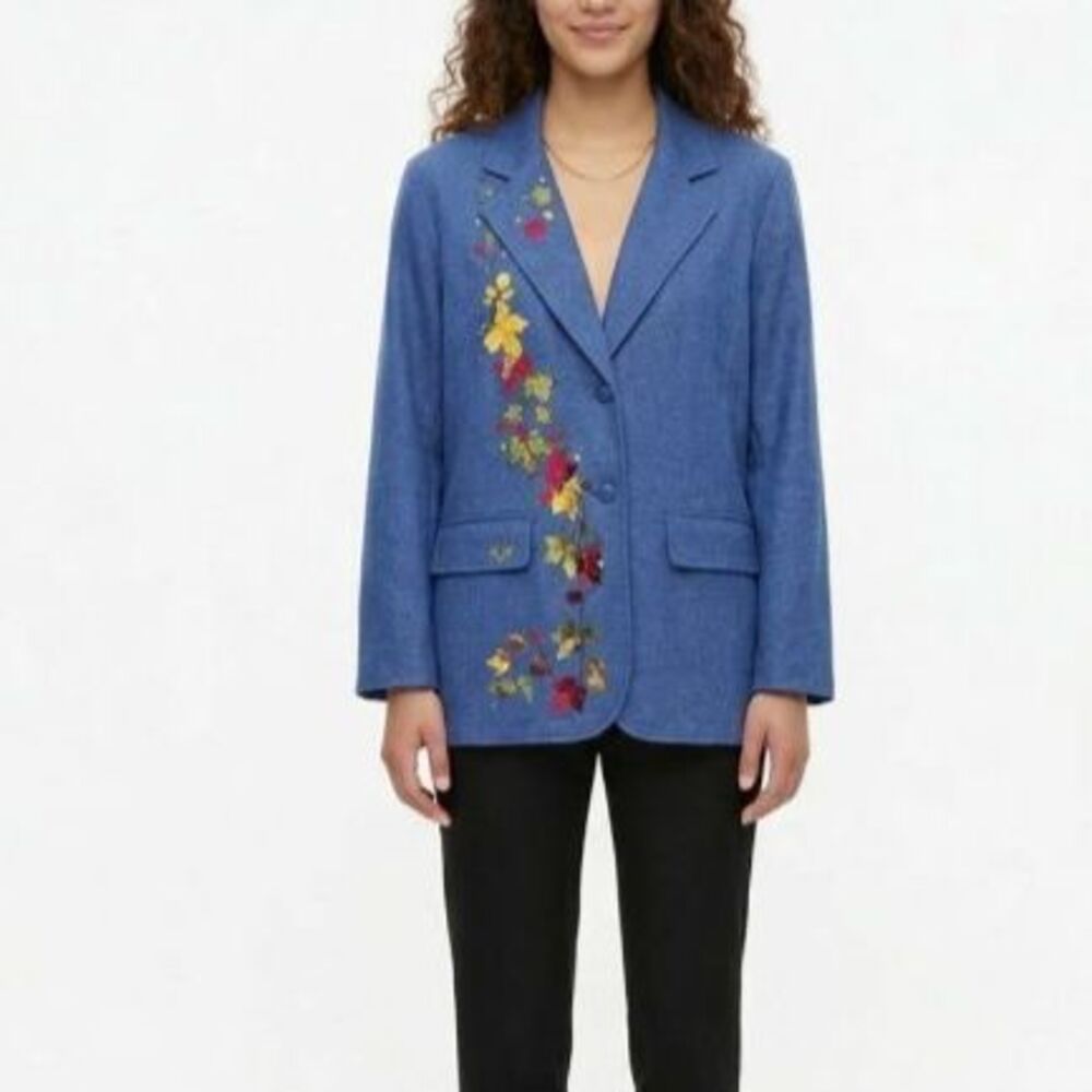 Diane's Essentials Blue Denim Autumn Leaf Embroidered Relaxed VTG Blazer Size L